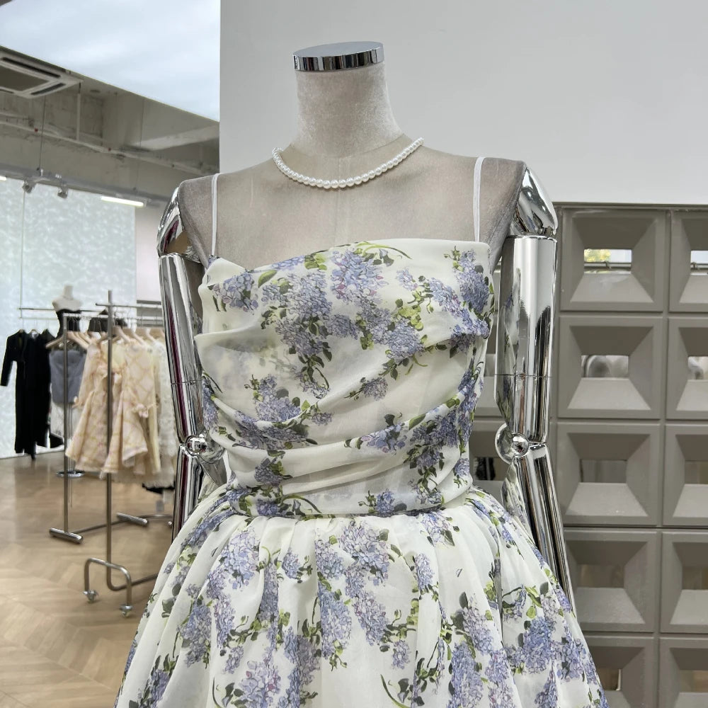 Summer New Women Retro Printed A-line Strap Dress With High Waist Wrinkled Long Dresses Beach Party Birthday Celebrity Gown