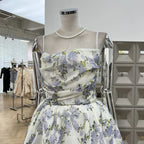 Summer New Women Retro Printed A-line Strap Dress With High Waist Wrinkled Long Dresses Beach Party Birthday Celebrity Gown