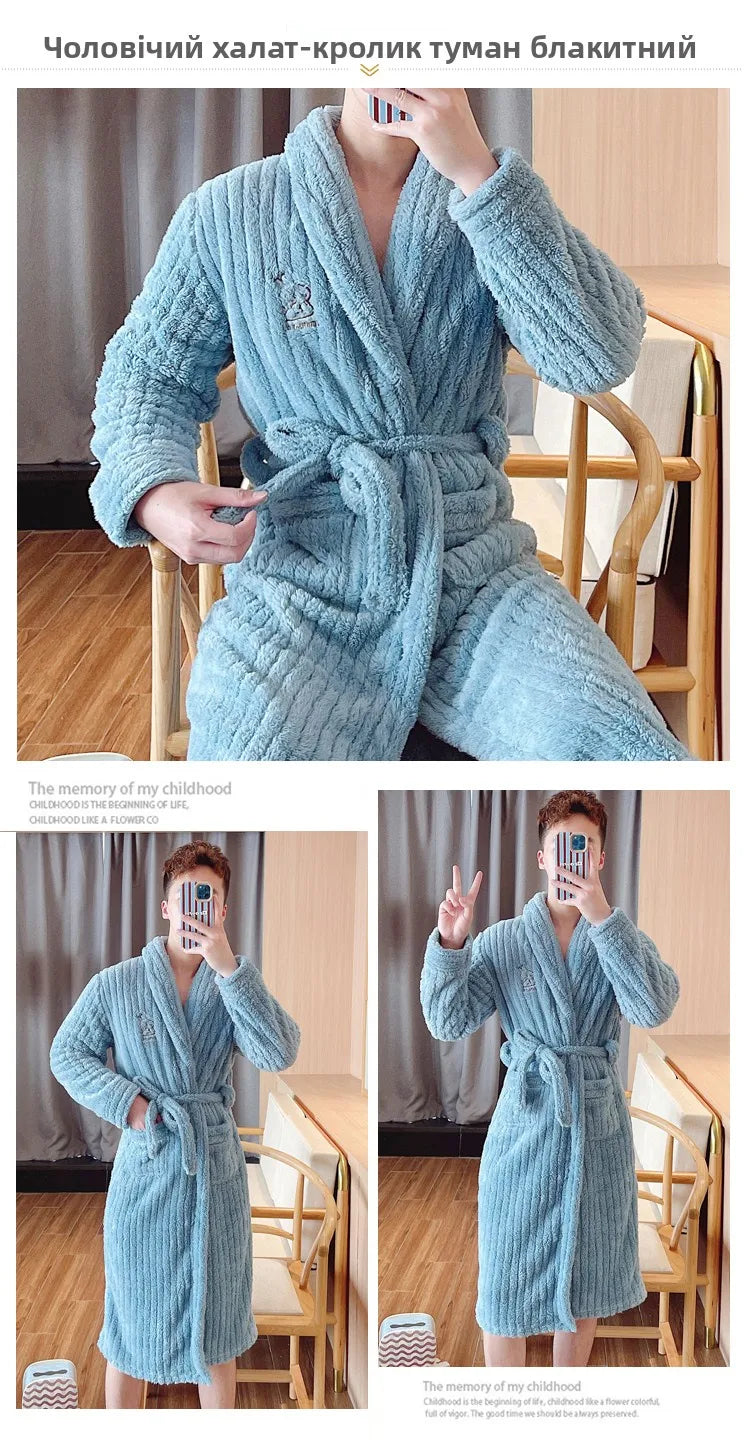 Men's Robes Long Sve Coral Fce Robe Thi Warm Batobe Luxury Home Clothes Morning Gown Mid-Length Fiber Winter Wear Bathrobe Men