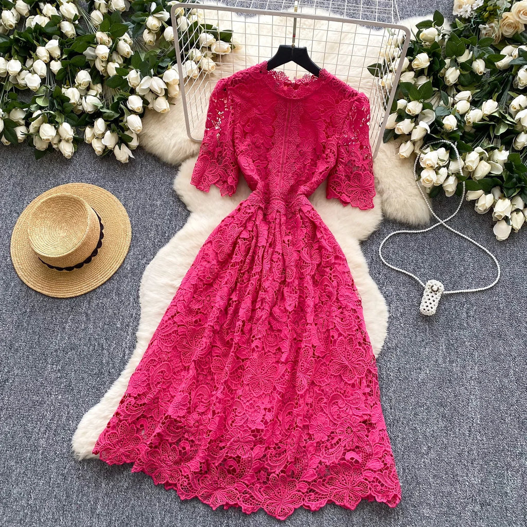 Ele Hollow out Lace ort Sve Dr Women's Summer Slimming A-Line Gown High Waist Korean Sle Commute Suitable