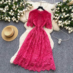 Ele Hollow out Lace ort Sve Dr Women's Summer Slimming A-Line Gown High Waist Korean Sle Commute Suitable