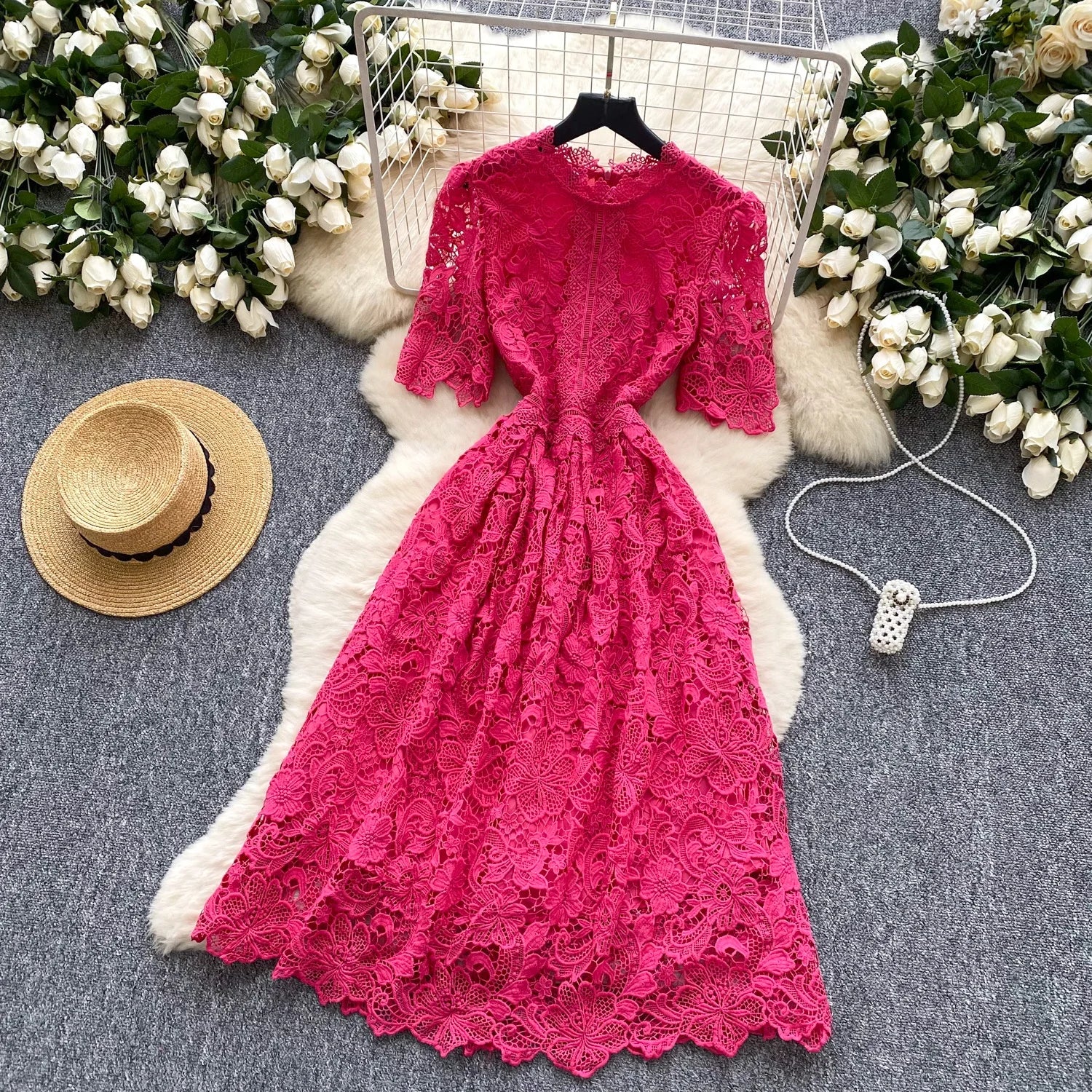Ele Hollow out Lace ort Sve Dr Women's Summer Slimming A-Line Gown High Waist Korean Sle Commute Suitable