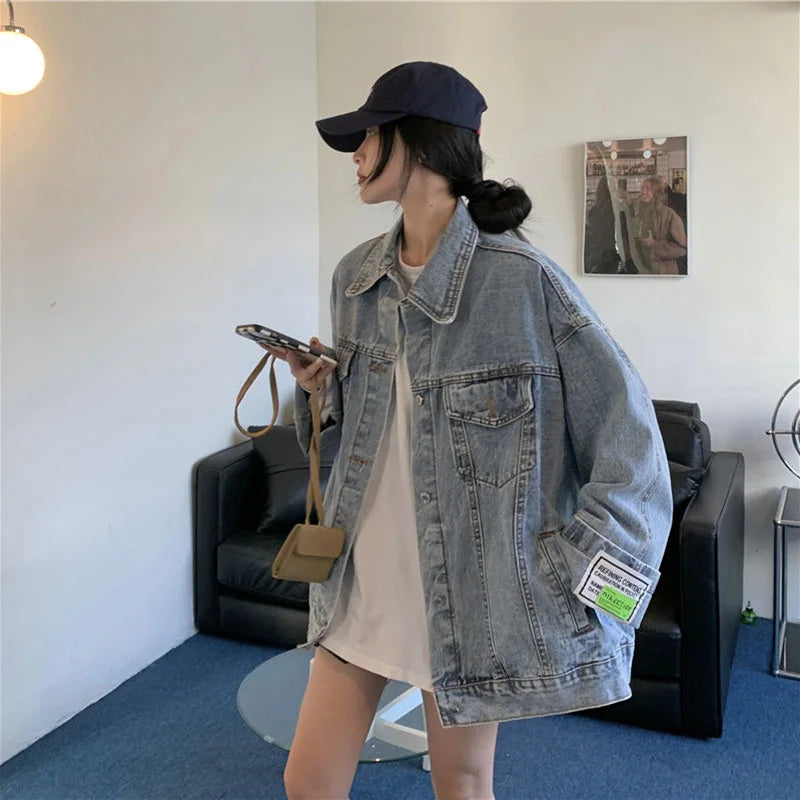 High Street Fashion Oversized Denim Jacket Women Korean Loose Long Sleeve Button Down Jean Jackets Female 2025 New