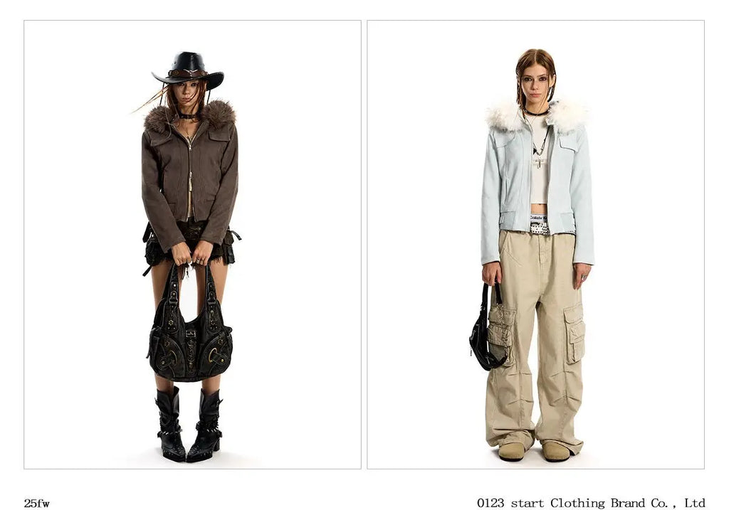 American hot girl big fur collar slim short jacket for women buckskin velvet waist slimming hooded cardigan sweatshirt