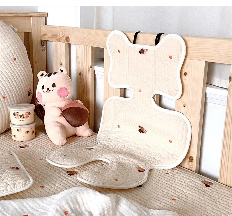 Baby Stroller Seat Cushion Pad Bear Bunny Embroidery All Seasons Cotton Breathable Cart Mattress Infant Newborn Pram Accessories