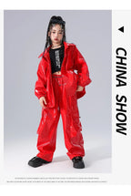 Boys K-pop Fashion Leather Jacket Street Dance Cargo Pants Girl Hip Hop Streetwear Kids Children Jazz Shiny Costume Clothes Sets
