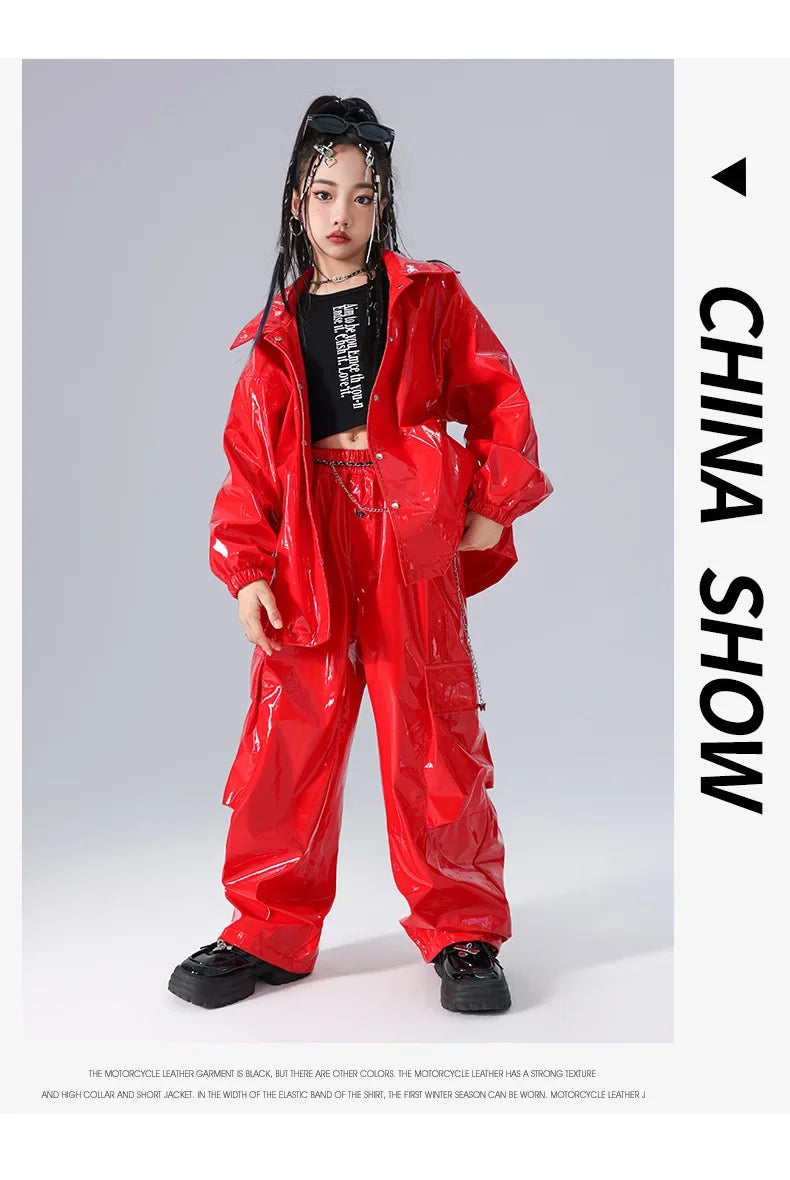 Boys K-pop Fashion Leather Jacket Street Dance Cargo Pants Girl Hip Hop Streetwear Kids Children Jazz Shiny Costume Clothes Sets