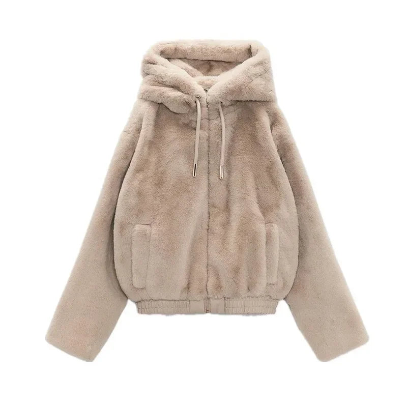 Winter Women's Casual Cotton Jacket With Hooded Artificial Fur Effect Elegant European Style Mid Age Loose Fit Coat