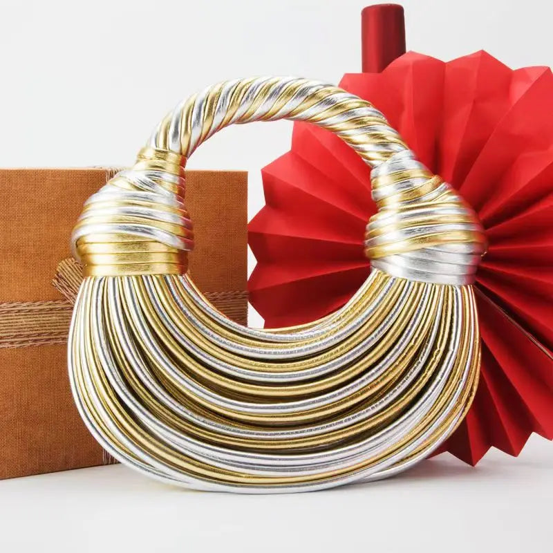 Women 2025 New Gold Luxury Designer Brand Handwoven Noodle Bags Rope Knotted Pulled Hobo Silver Evening Clutch Chic