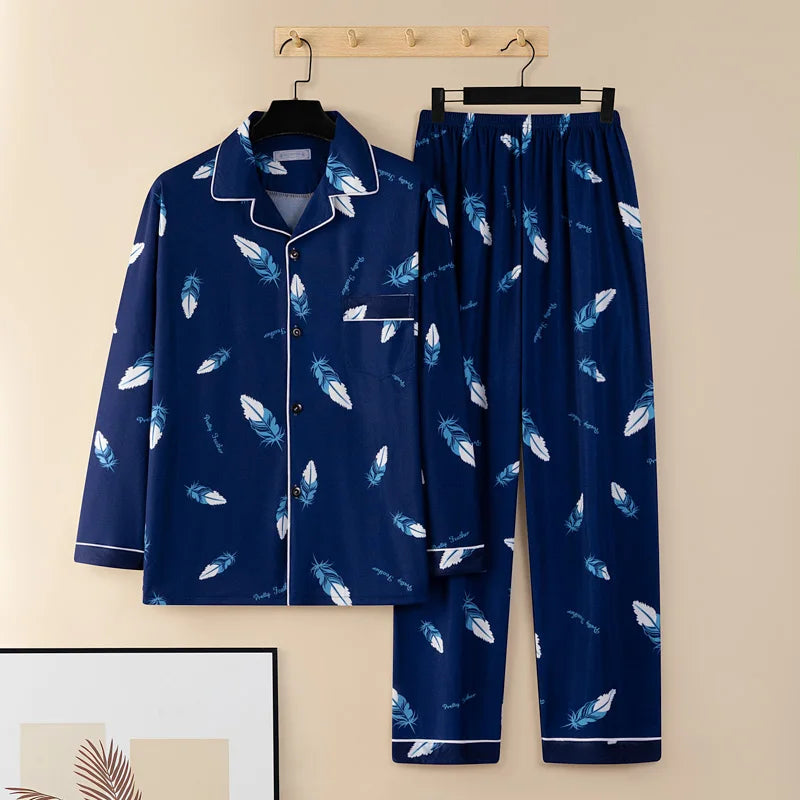 Men's Thin Cotton Pajamas Long Sve Long Pants Two-Piece Set Casual