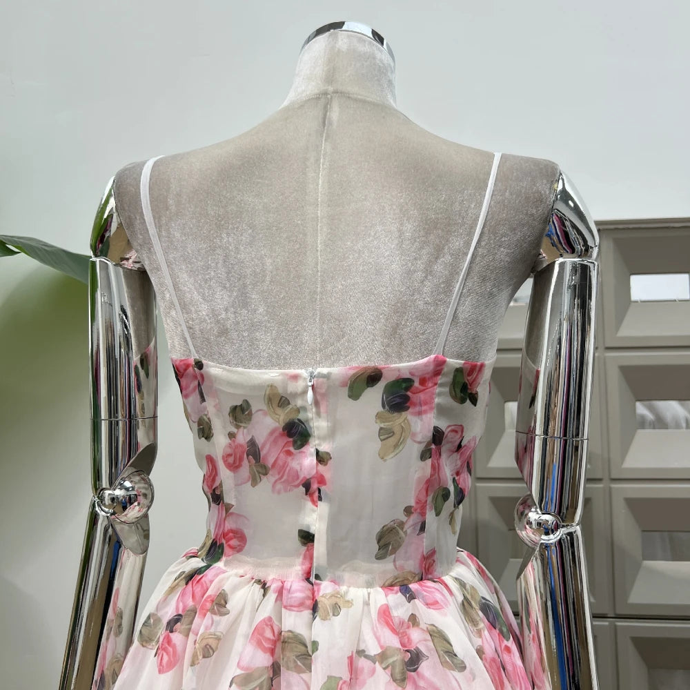 Summer New Women Retro Printed A-line Strap Dress With High Waist Wrinkled Long Dresses Beach Party Birthday Celebrity Gown