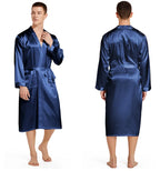 Men Long Bathrobe Sleepwear Navy Blue Silk Satin Bridegroom Wedding Robe Kimono Gown Spring Summer Home Clothes Loungewear