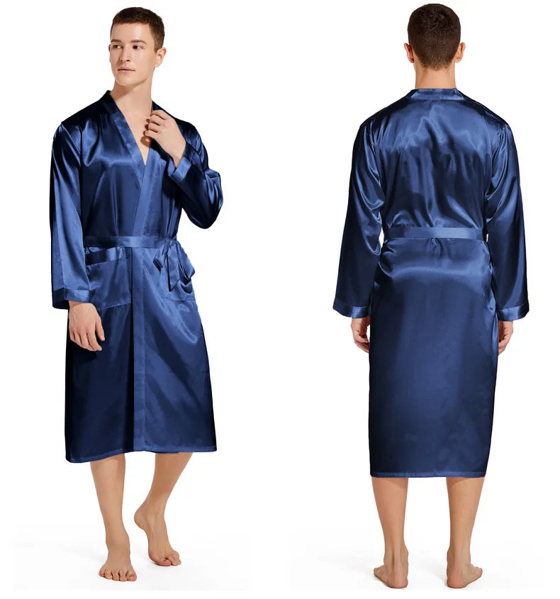Men Long Bathrobe Sleepwear Navy Blue Silk Satin Bridegroom Wedding Robe Kimono Gown Spring Summer Home Clothes Loungewear