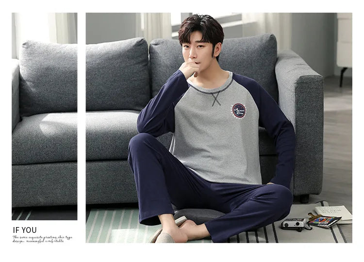 Fashion Lounge Pajamas Sets Men's Spring New Long-sleeved Tops with Trousers Cotton Homewear Comfort Simple Sleepwear Two Pieces