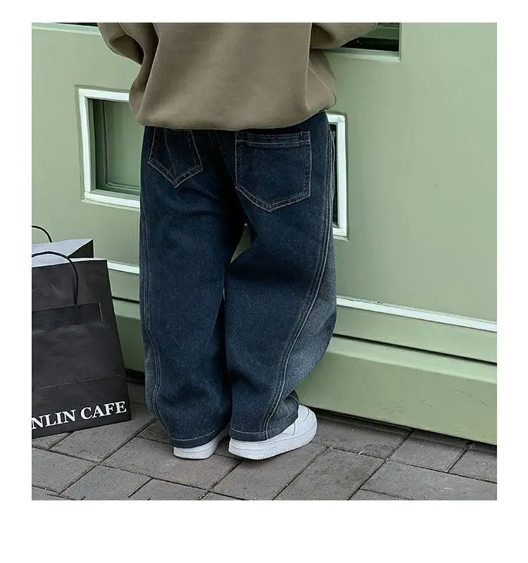2-12Y Childrens Boys Denim Pants One-piece Fleece Thickened Autumn Winter Casual Kids Baby Boys Pants Toddler Boys Warm Jeans