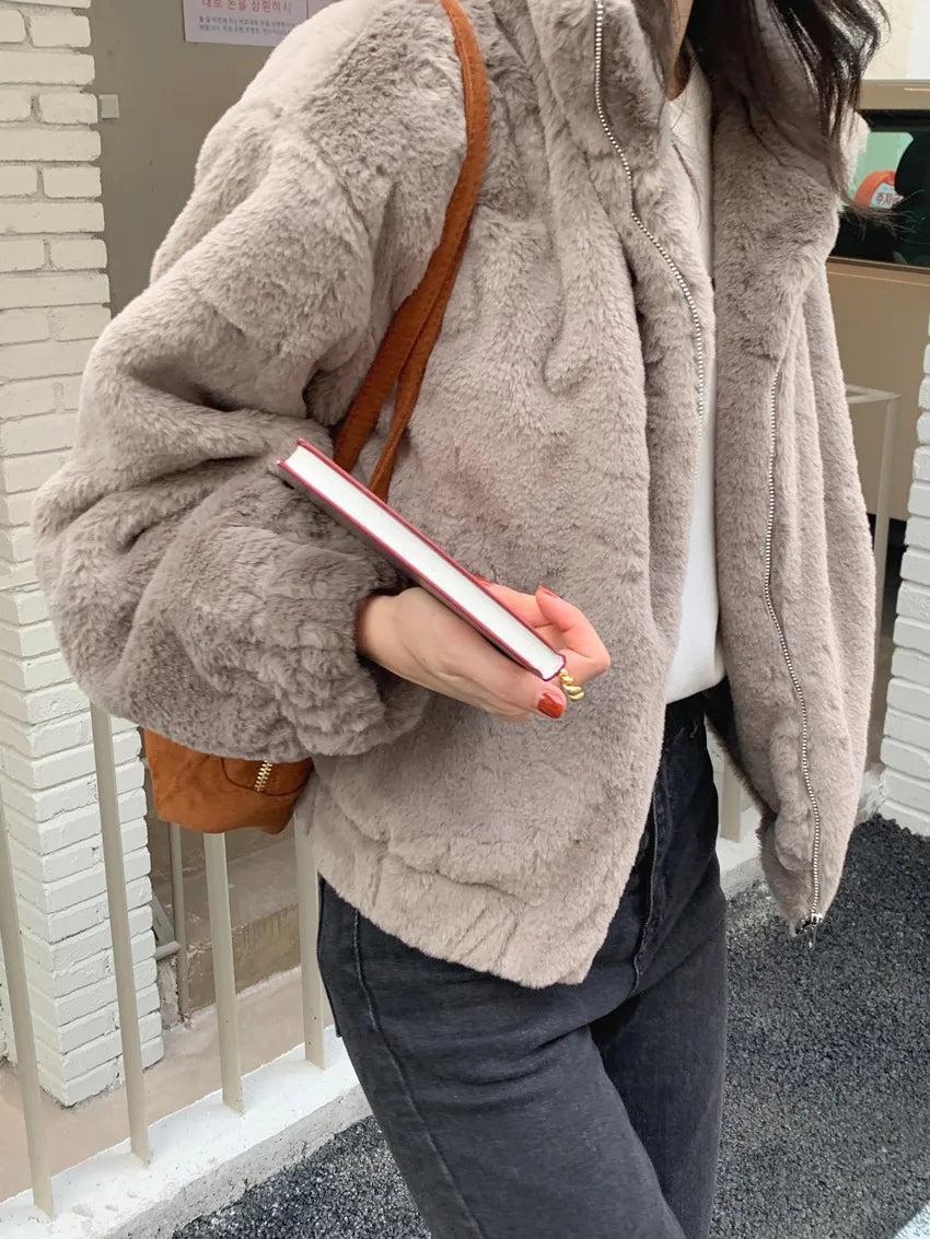 Women Autumn Winter Thicken Warm Coat Stand-Collar Loose Fur Plush Zipper Jacket Soft Comfortable Casual Simple Solid Outerwear