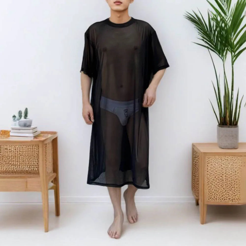 Men's Solid Color Mesh Transparent Short-Sleeved Robe Sexy Retro Fashion Trend Loose Casual Breathable Summer New Men's Tops