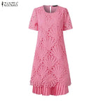 Stylish Women Desses ZANZEA 2025 Summer Lace Patchwork Dress Elegant Party Work Sundress Short Sleeve Pleated Vestidos Midi Robe