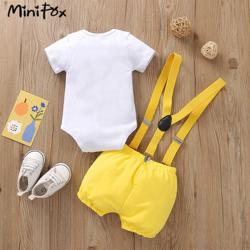 Baby Boys Birthday Outfits Sets Balloon Letter"1" Bodysuit and Y-back Suspender Shorts 1 Year Birthday Baby Cake Smash Clothes