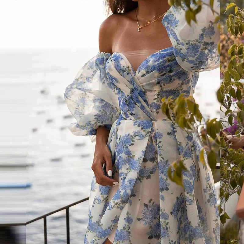 Sexy Strapless Puff Sleeve Bohemian Dress Fashionable Flower Print Bandage Long Dress Elegant Hight Waist Split Evening Dresses