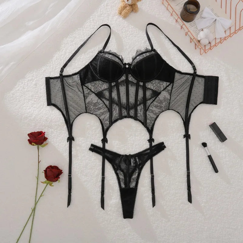 Lingeries Sexy Hot Exquisite Sheer Eyelash Lace Lingerie Sets for Women Tight Waist Corset Tops and Thong Garter Erotic Costumes