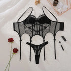 Lingeries Sexy Hot Exquisite Sheer Eyelash Lace Lingerie Sets for Women Tight Waist Corset Tops and Thong Garter Erotic Costumes