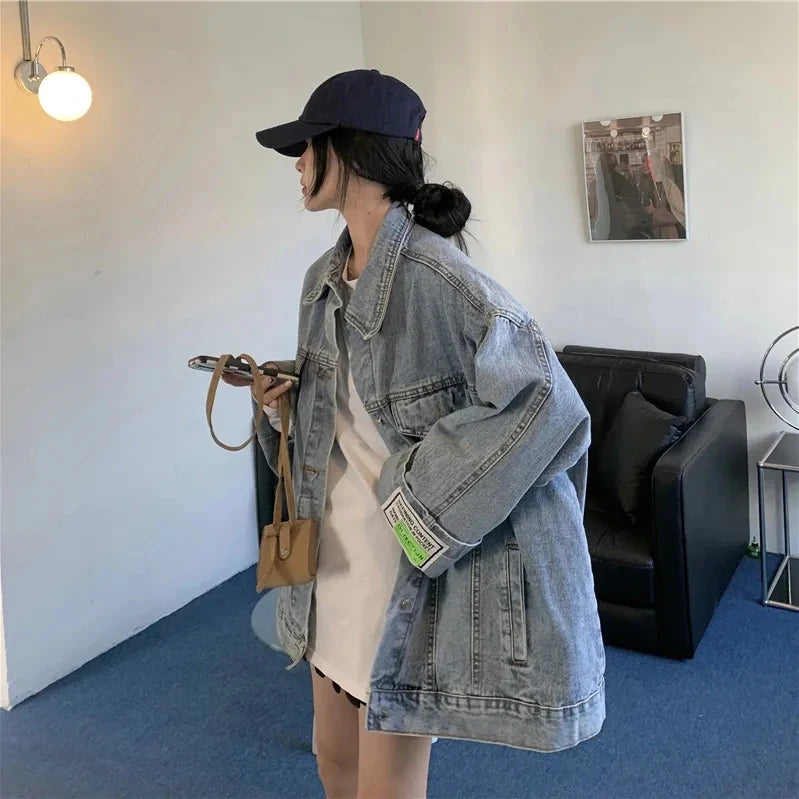 High Street Fashion Oversized Denim Jacket Women Korean Loose Long Sleeve Button Down Jean Jackets Female 2025 New