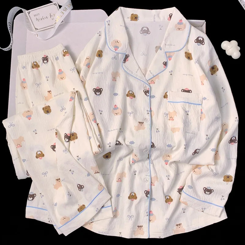 Postpartum Clothing Cartoon Bear Autumn Long Sleeve Outerwear Pajama Women Set Home Clothes Maternity Ladies Sleepwear Hoemwear