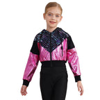 Girls Fashion Print Short Jacket Casual Coat Hooded Tops Long Sleeve Zipper Jacket Outerwear Jazz Dance Performance Costume