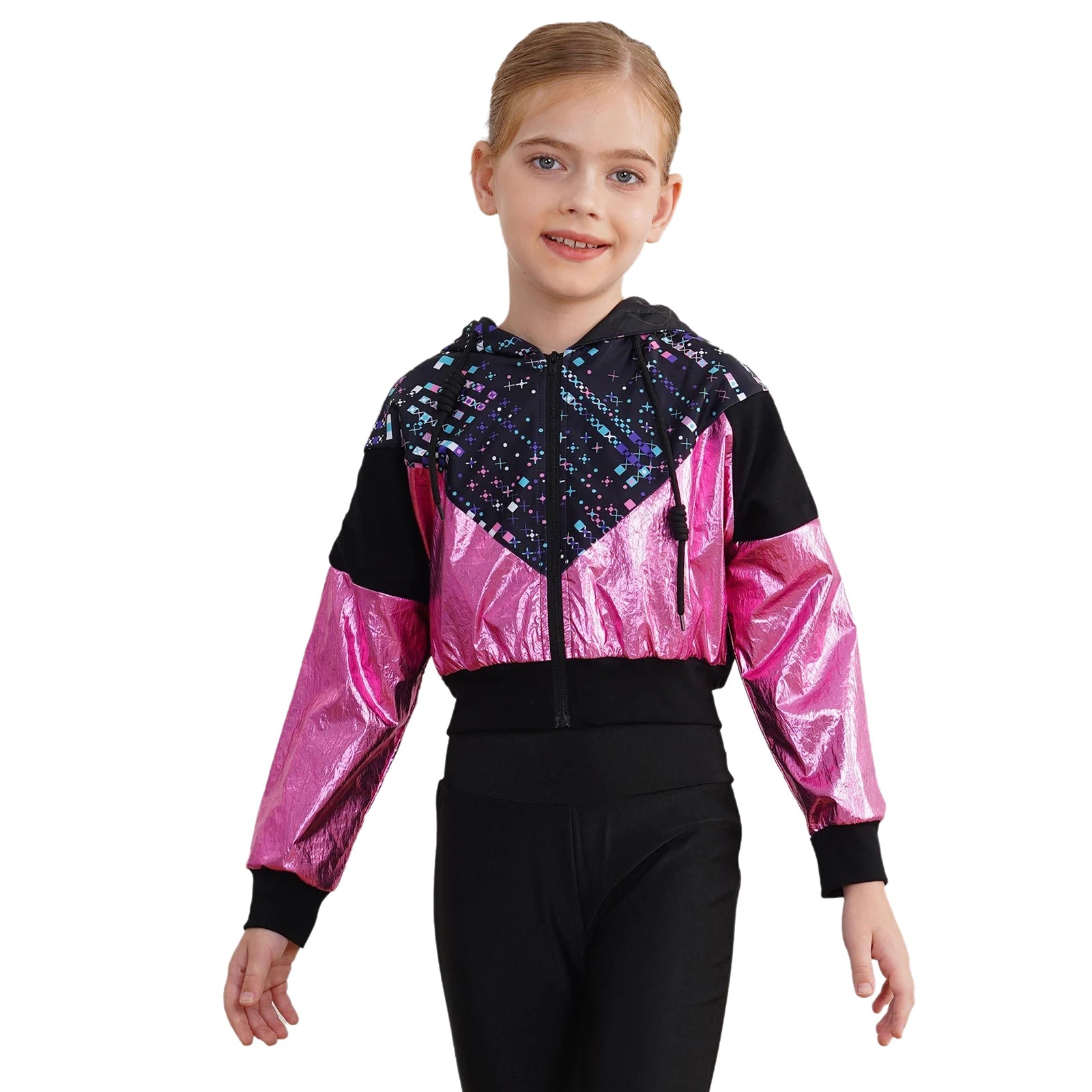 Girl Hooded Tops Long Sleeve Zipper Jacket Fashion Print Short Jacket Casual Coat Outerwear Jazz Dance Performance Costume