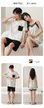 Summer Pyjamas Men Knited Cotton Pajamas Set Korean Sweet Pijamas Ladies Sexy Sleepwear Home Clothing For Youth Boy Girl