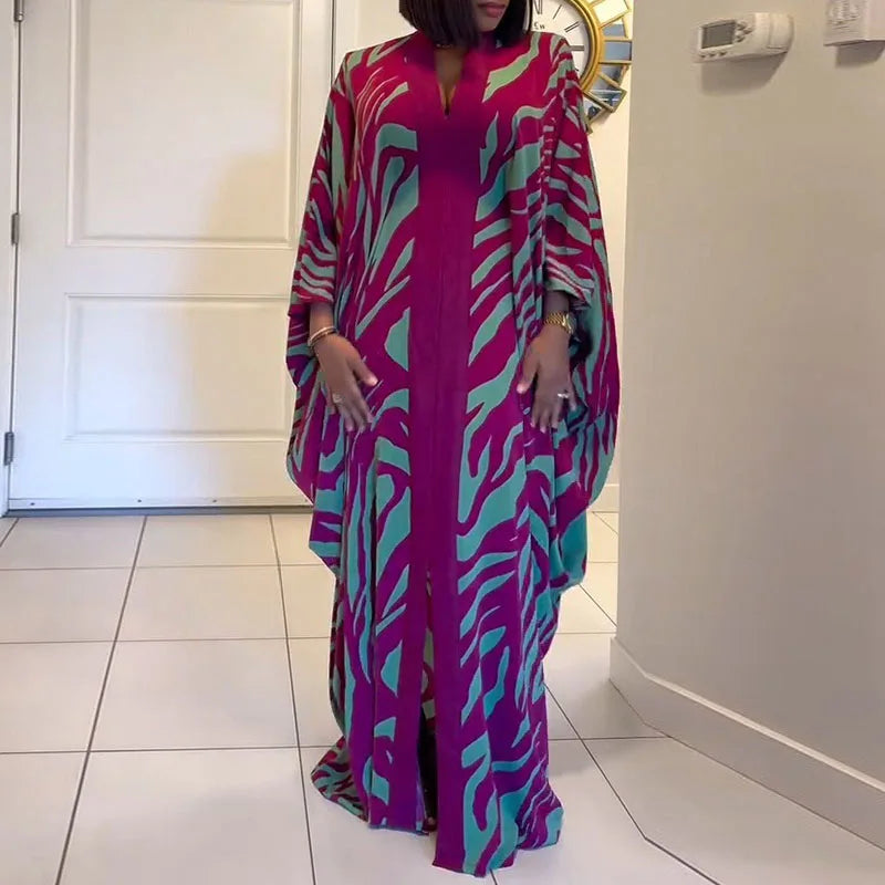 Leisure Loose Women Pleated Evening Dress Autumn Chic Bat Sleeve Loose Party Robes Elegant V-neck Color Blocked Commute Dress