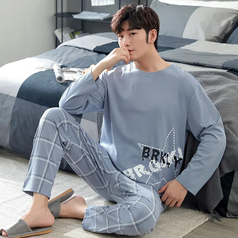 Fashion Lounge Pajamas Sets Men's Spring New Long-sleeved Tops with Trousers Cotton Homewear Comfort Simple Sleepwear Two Pieces