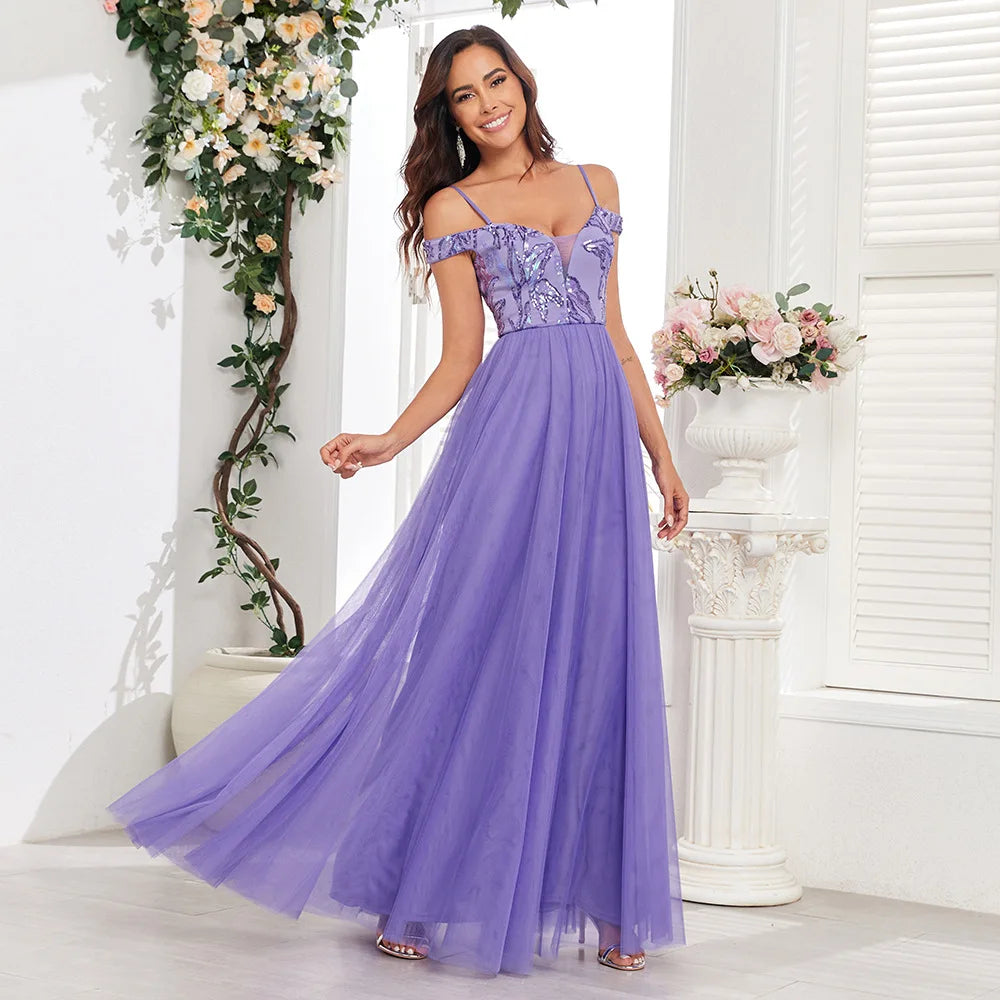 Purple Color Embroidery Sequin Dress Women Long Evening Party Gown Bridesmaid Dress For Summer Autumn Wedding Party