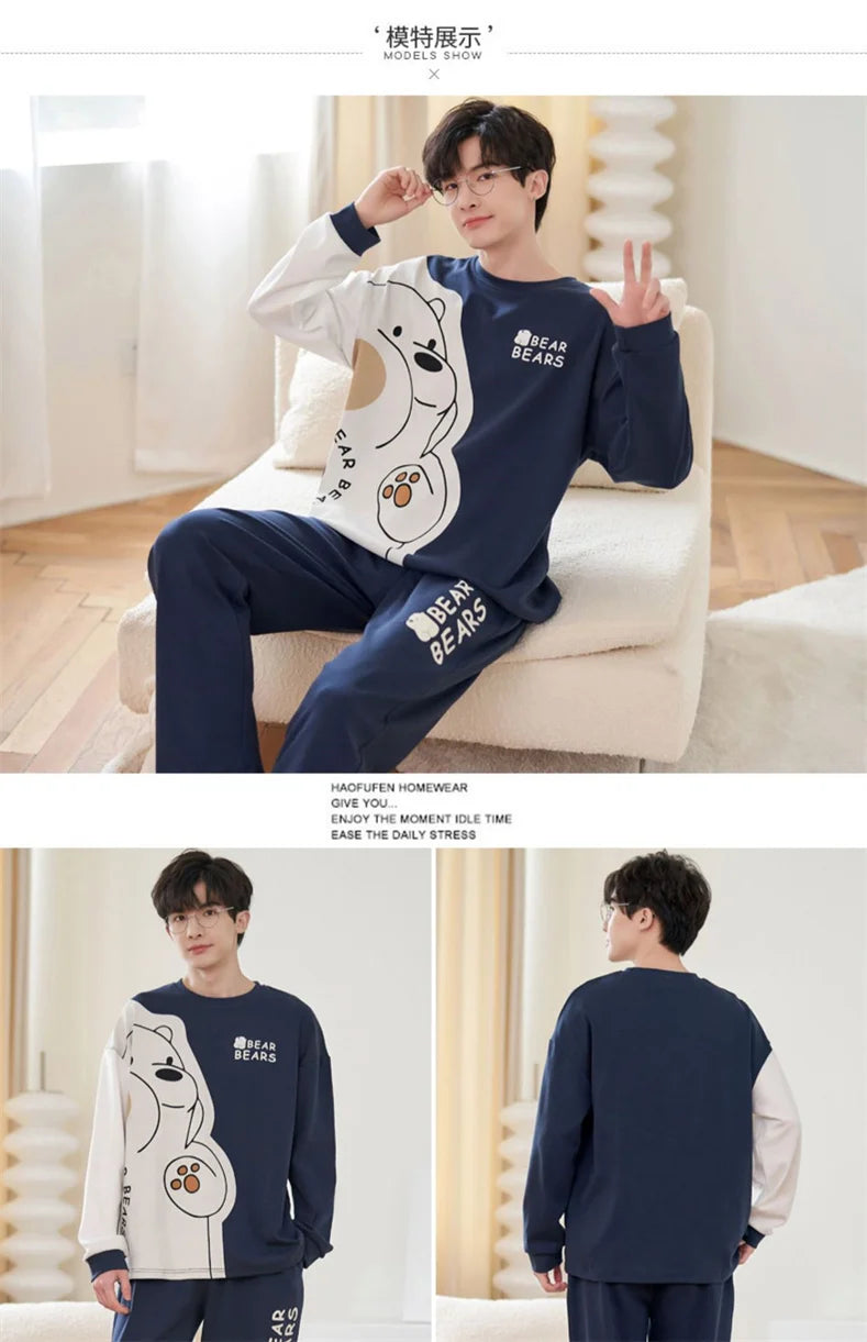 Men's Pajamas Spring Autumn 100% Cotton Youth Pajamas Student Suits Fashionable Sweet Cartoon Home Clothes For Men