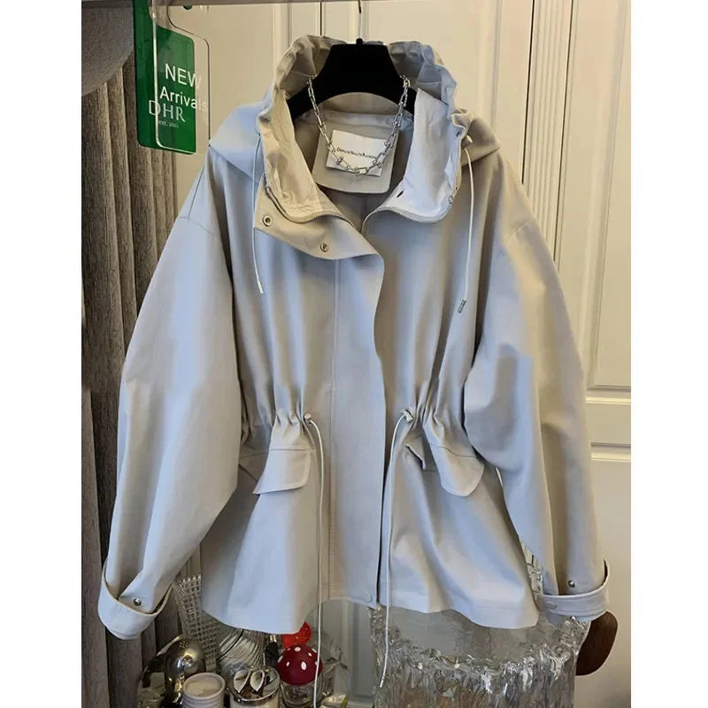 Women's Jacket Khaki Hooded Trench Coat Women's Autumn And Winter New Short Coat Retro Casual Loose Top Outerwear