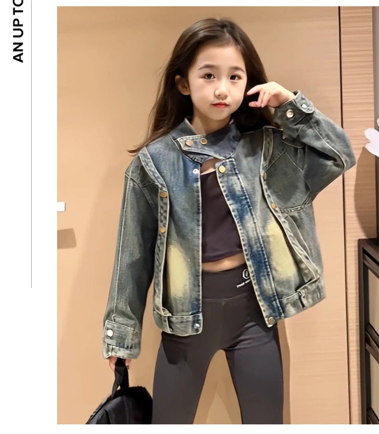 Cowgirl Streetwear Blue Denim Jacket Girl Harajuku Washed Distressed Jacket For Kids Child Gothic Punk Ripped Jeans Coat 5-14 T