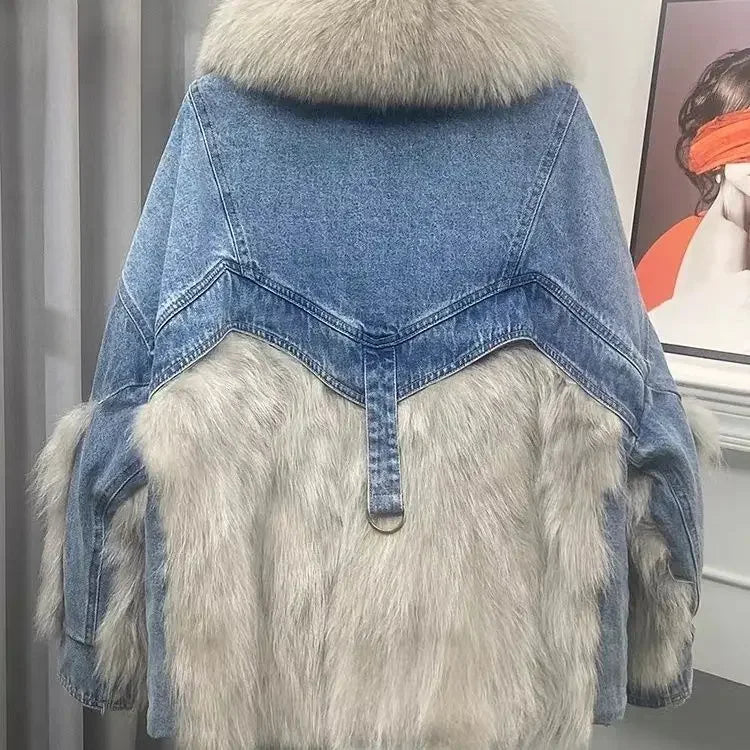 Fashionable European Style Thick Fur Collar Winter New Women's Denim Jacket with Patchwork Fur Parkas