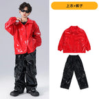 Boys K-pop Fashion Leather Jacket Street Dance Cargo Pants Girl Hip Hop Streetwear Kids Children Jazz Shiny Costume Clothes Sets