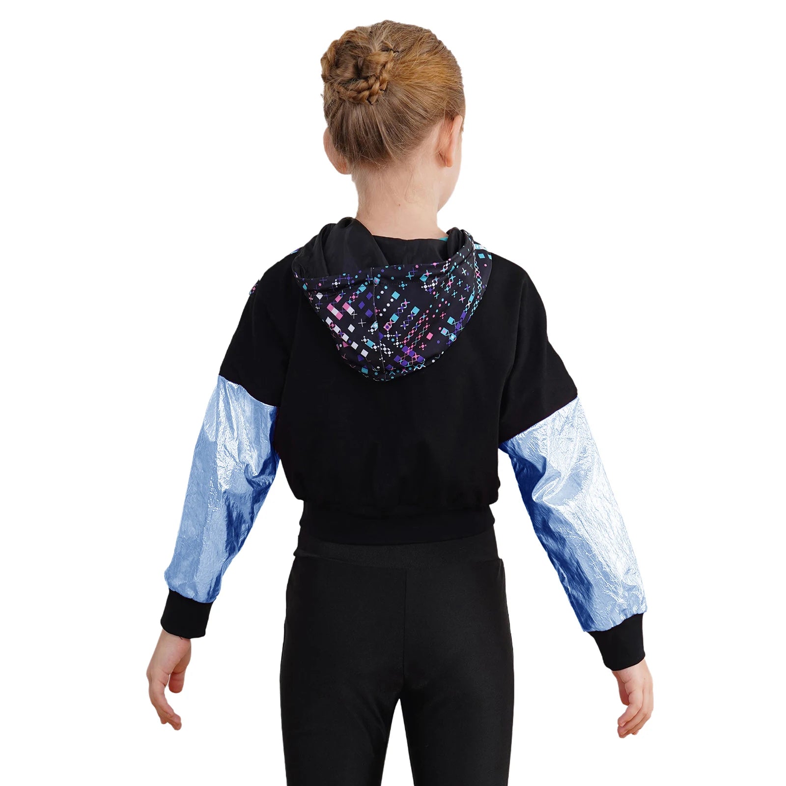 Girls Fashion Print Short Jacket Casual Coat Hooded Tops Long Sleeve Zipper Jacket Outerwear Jazz Dance Performance Costume
