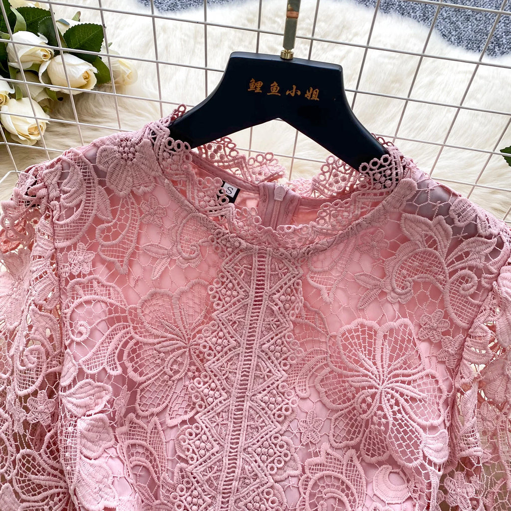 Ele Hollow out Lace ort Sve Dr Women's Summer Slimming A-Line Gown High Waist Korean Sle Commute Suitable
