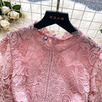 Ele Hollow out Lace ort Sve Dr Women's Summer Slimming A-Line Gown High Waist Korean Sle Commute Suitable