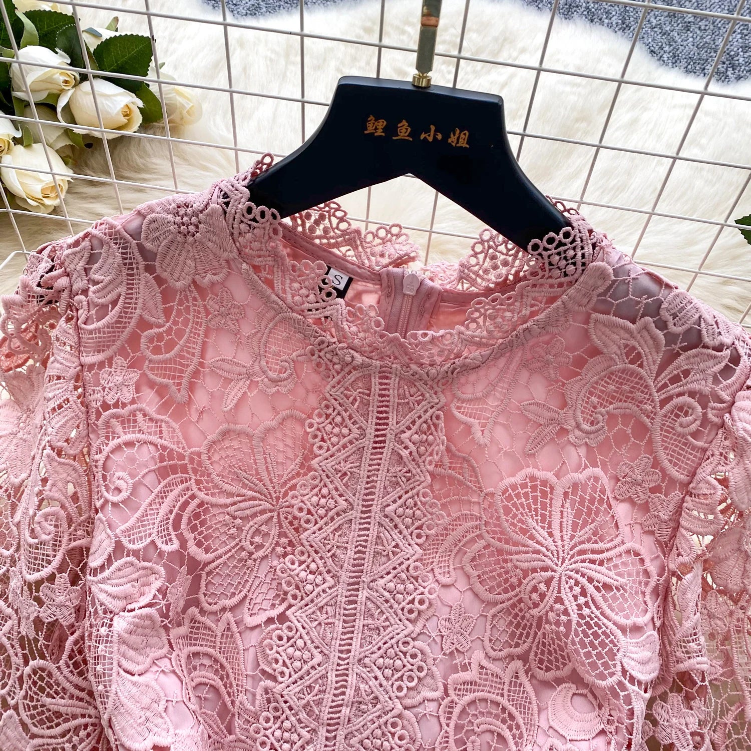 Ele Hollow out Lace ort Sve Dr Women's Summer Slimming A-Line Gown High Waist Korean Sle Commute Suitable