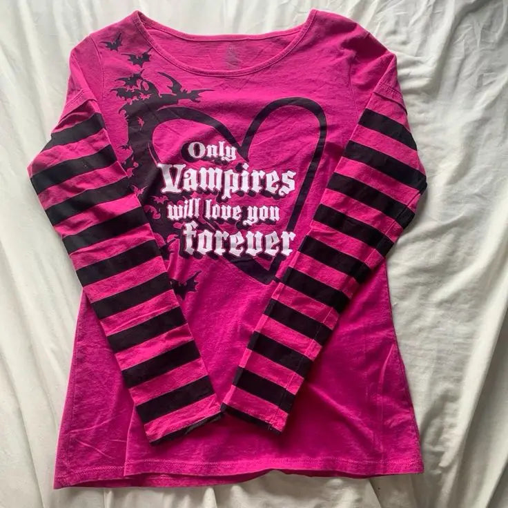 Pink T shirts Punk Top Sweet Girl Emo Letter Stripe Gothic Long sleeves Women Clothing Vintage Graphic Tee Aesthetic Y2K T shirt