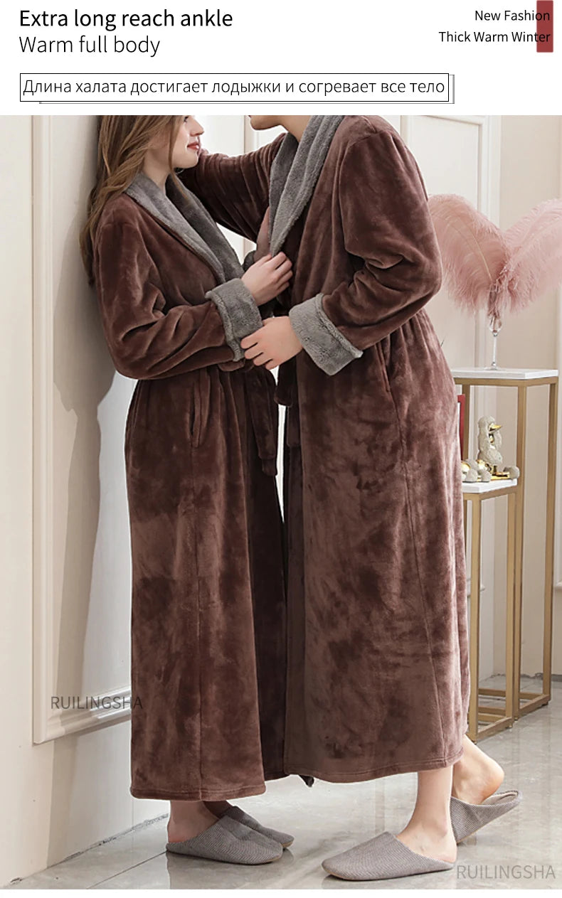 Men Winter Plus Size Long Flannel Bathrobe Warm Coral Fleece Kimono Bath Robe Night Cozy Sleepwear Women Jacquard Dressing Gown