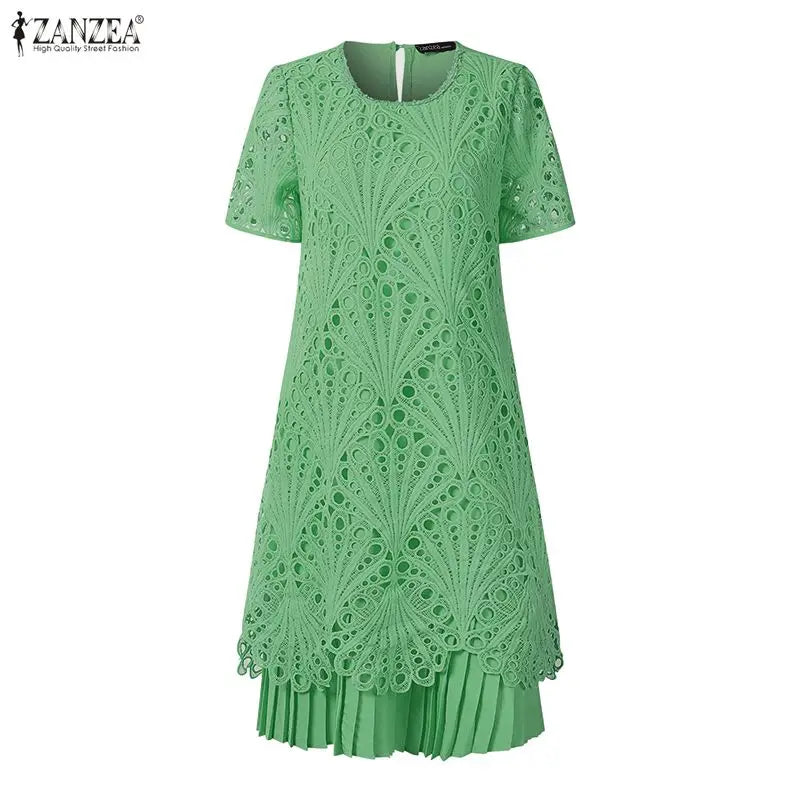 Stylish Women Desses ZANZEA 2025 Summer Lace Patchwork Dress Elegant Party Work Sundress Short Sleeve Pleated Vestidos Midi Robe