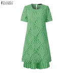 Stylish Women Desses ZANZEA 2025 Summer Lace Patchwork Dress Elegant Party Work Sundress Short Sleeve Pleated Vestidos Midi Robe
