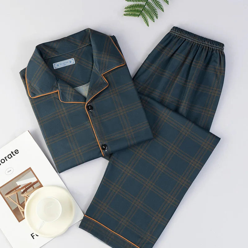 Men's Thin Cotton Pajamas Long Sve Long Pants Two-Piece Set Casual