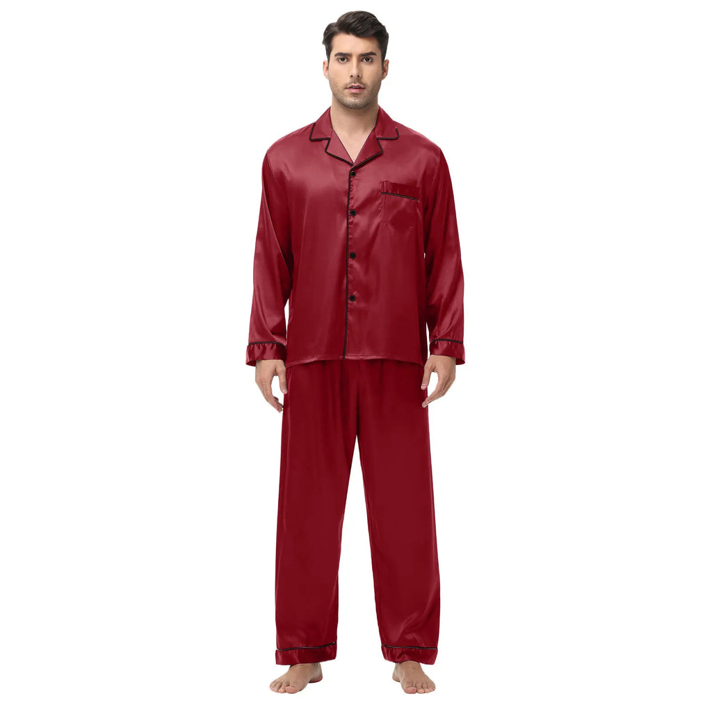Men Pajamas Set Silk Satin Sleepwear