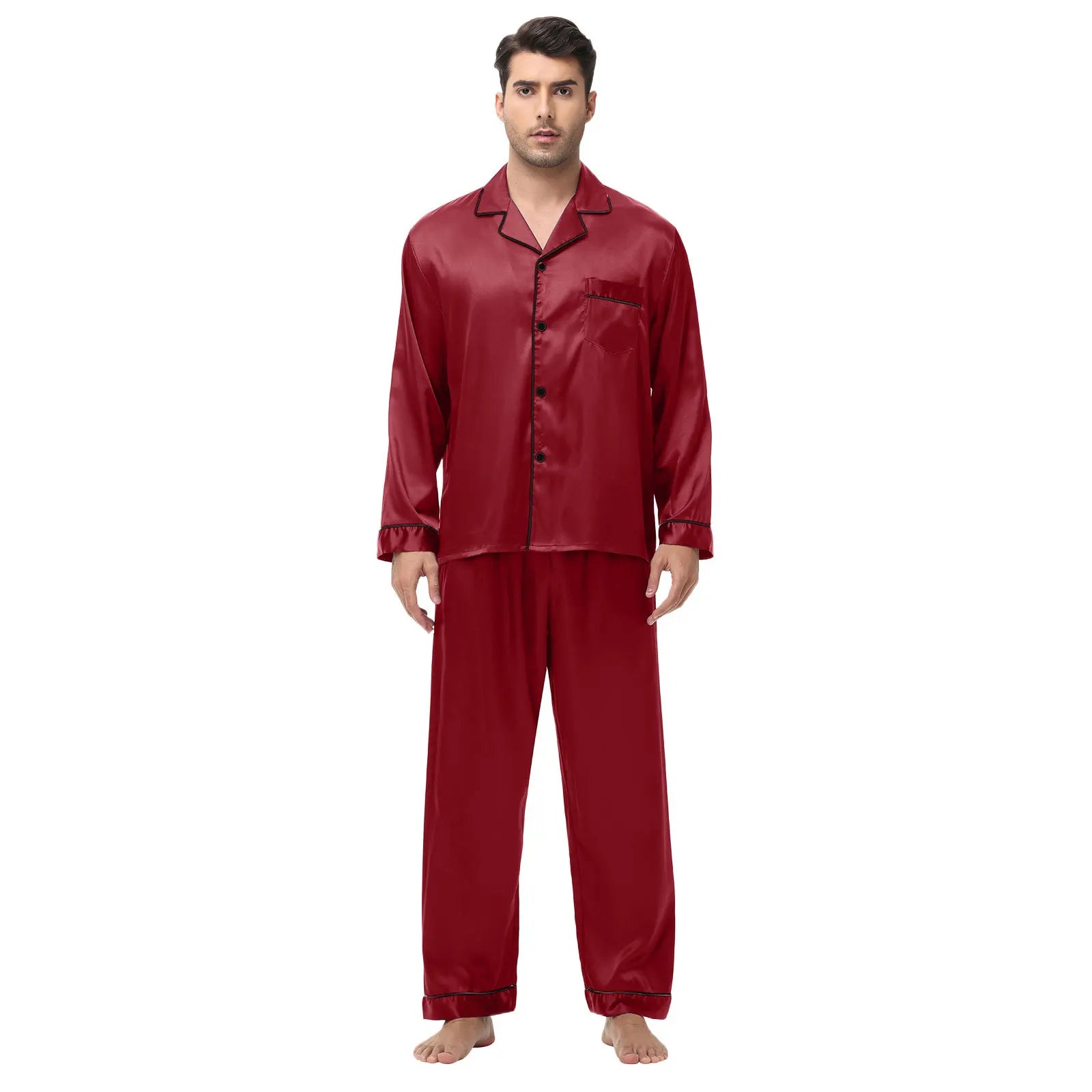 Men Pajamas Set Silk Satin Sleepwear
